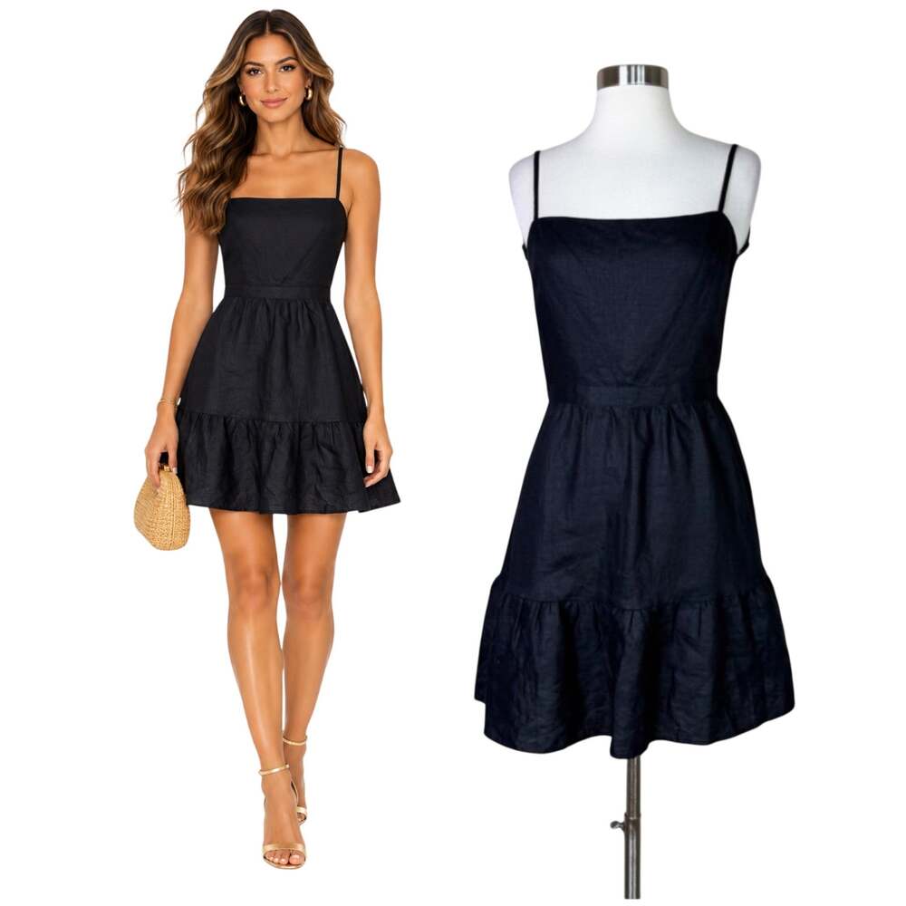 Reformation | Black Linen Square Neck Open Back Tiered Mini Dress Size 2